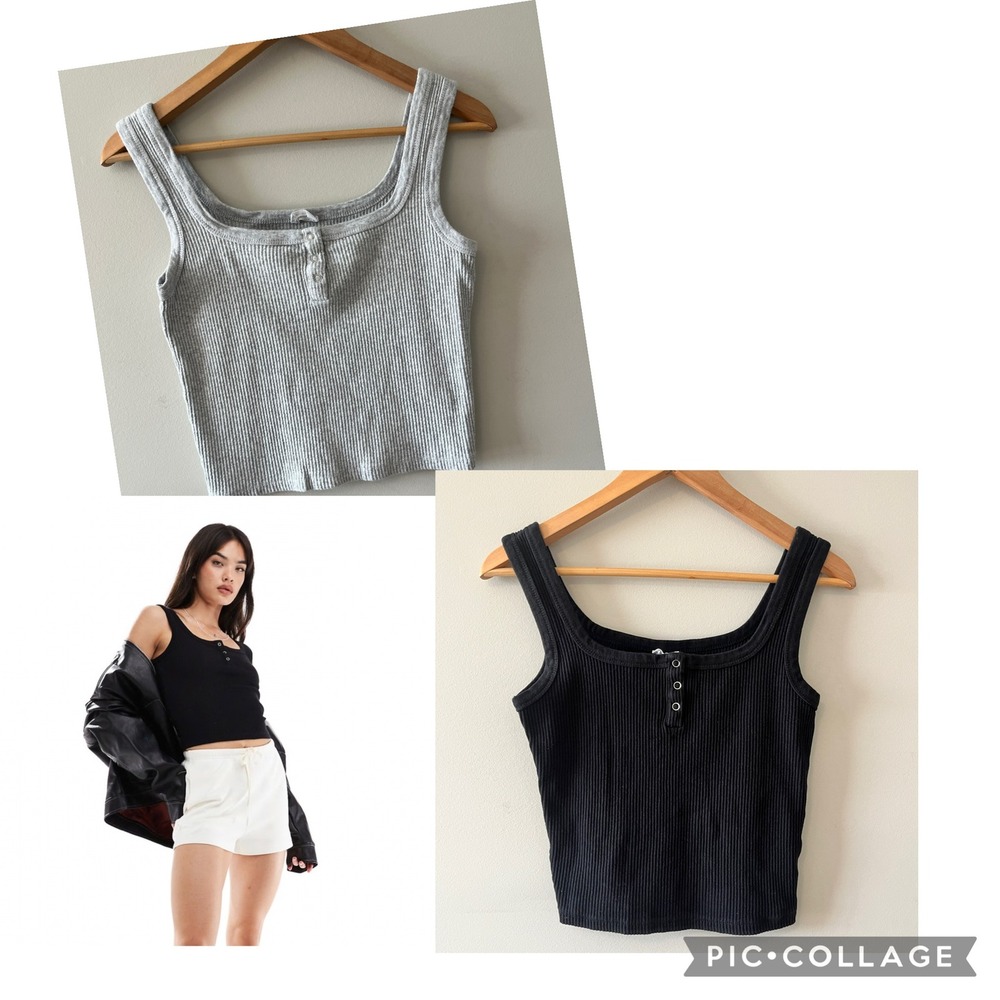Cotton On Ribbed Henley Tank Top Bundle of 2 Basics Black Gray Medium Stretch